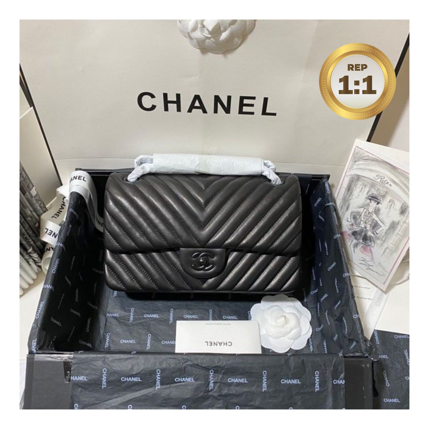 [REP 1:1] Chanel Chevron Classic Handbag Black For Women 10.2in/26cm